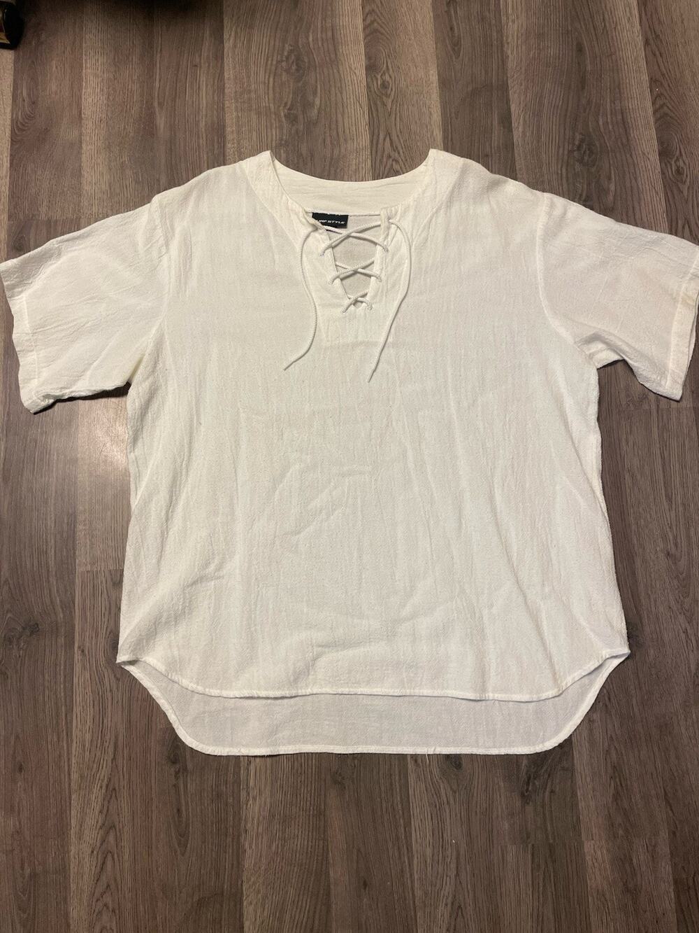 Surf Style Men’s XL White Cotton Lace-Up V-Neck Short Sleeve Beach Shirt